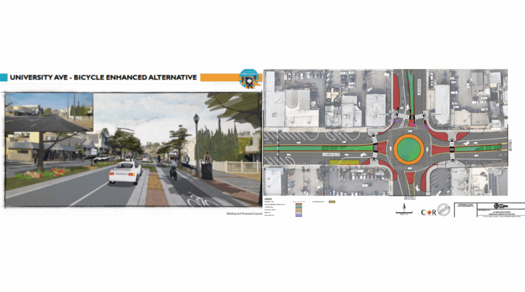 Left image is a rendering of a street with a bicyclist in a separated bike lane and a white car. Right image is a plan view of a roundabout.