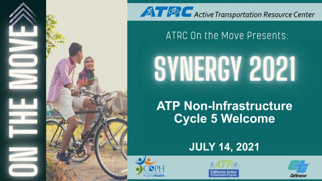 Title slide of presentation reads "Synergy 2021. ATP Non-Infrastructure Cycle 5 Welcome. July 14, 2021." CDPPH, ATP, and Caltrans logos are at the bottom.