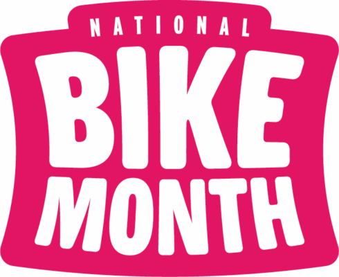 Pink logo with text National Bike Month