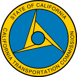 Blue and yellow logo with words State of California California Transportation Commission