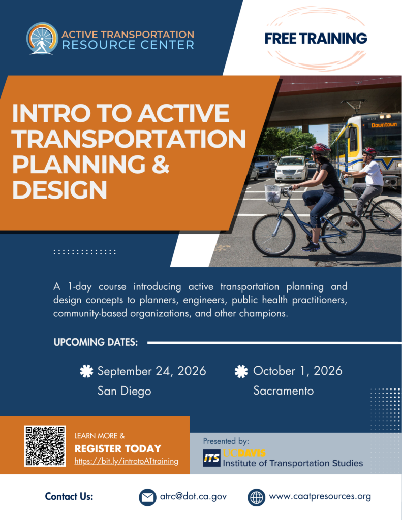 Training flyer with a picture of two cyclist riding through an intersection in front of a tram and cars.