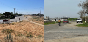 2 photos side by side, left photo has a road next to a grass area, right photo has a road with a person on a bike and 2 trucks