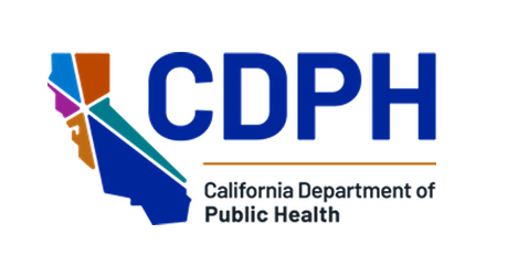 On the left, California symbol split into six different colored sections. On the right, "CDPH" above "California Department of Public Health".