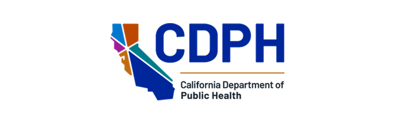 On the left, California symbol split into six different colored sections. On the right, "CDPH" above "California Department of Public Health".