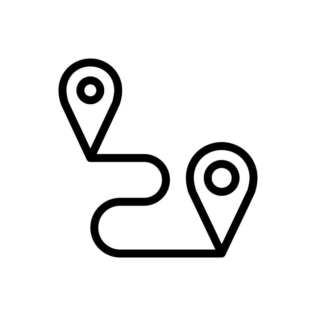 Smaller location point symbol on the top left connected by a line in the shape of a backward "S" to a larger location point symbol on the bottom right.